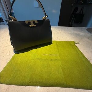 Tory Burch Black Leather Shoulder Bag with Gold-Tone Logo